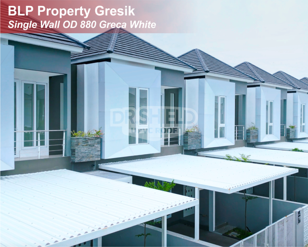Perumahan BLP Property Gresik menggunakan atap UPVC DR.SHIELD yang tahan panas, meredam suara hujan, dan cocok untuk hunian modern.
